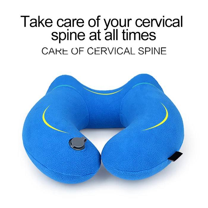 Polyester Inflatable U-Shaped Travel Neck Pillow for Airplane Use Portable Massage Pillow to Relieve Neck Pain