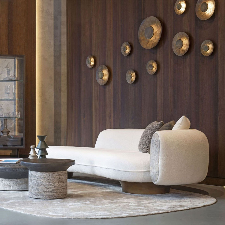 Retro White Teddy Boucle Fabric Luxury Living Room Modern Curved Minimalist Sectional Sofa Set Sponge Genuine Leather Cover