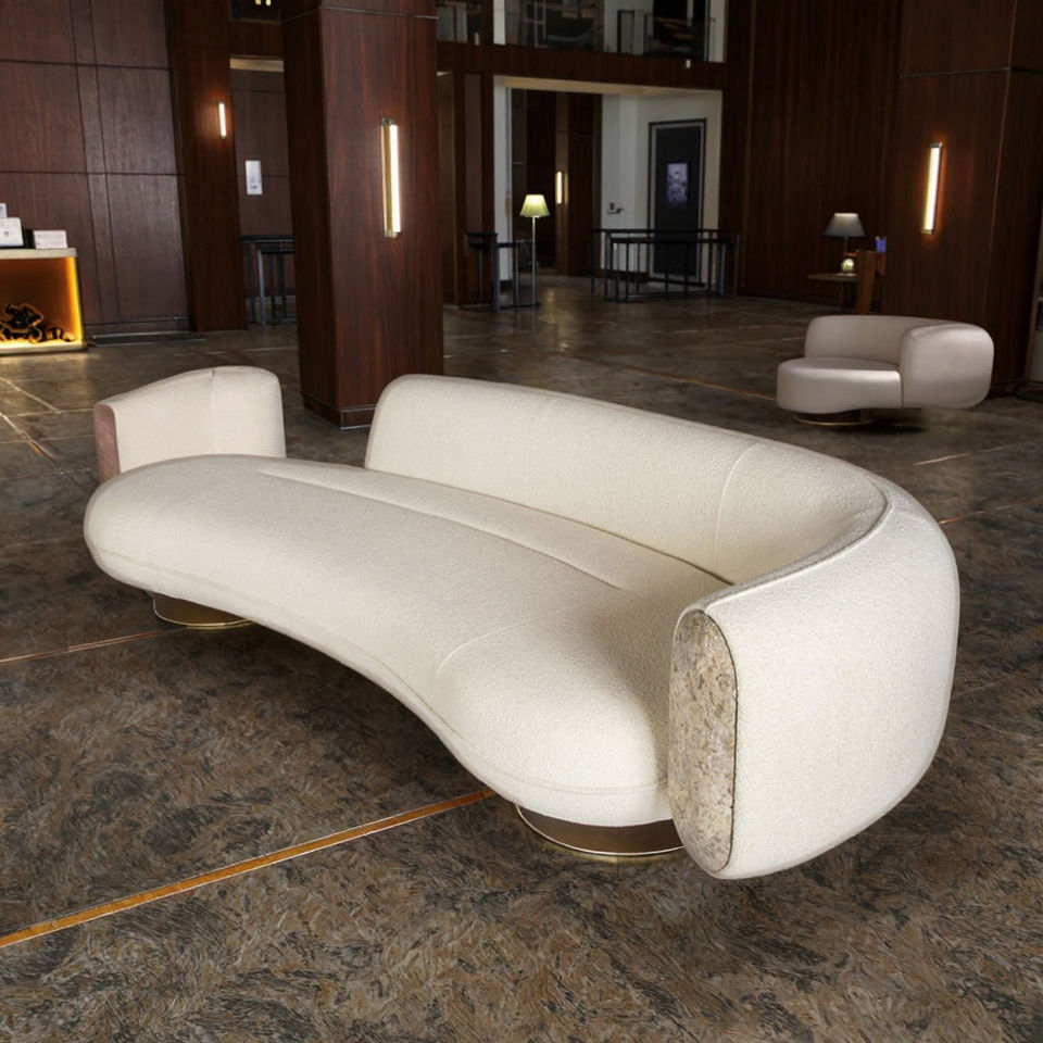 Retro White Teddy Boucle Fabric Luxury Living Room Modern Curved Minimalist Sectional Sofa Set Sponge Genuine Leather Cover