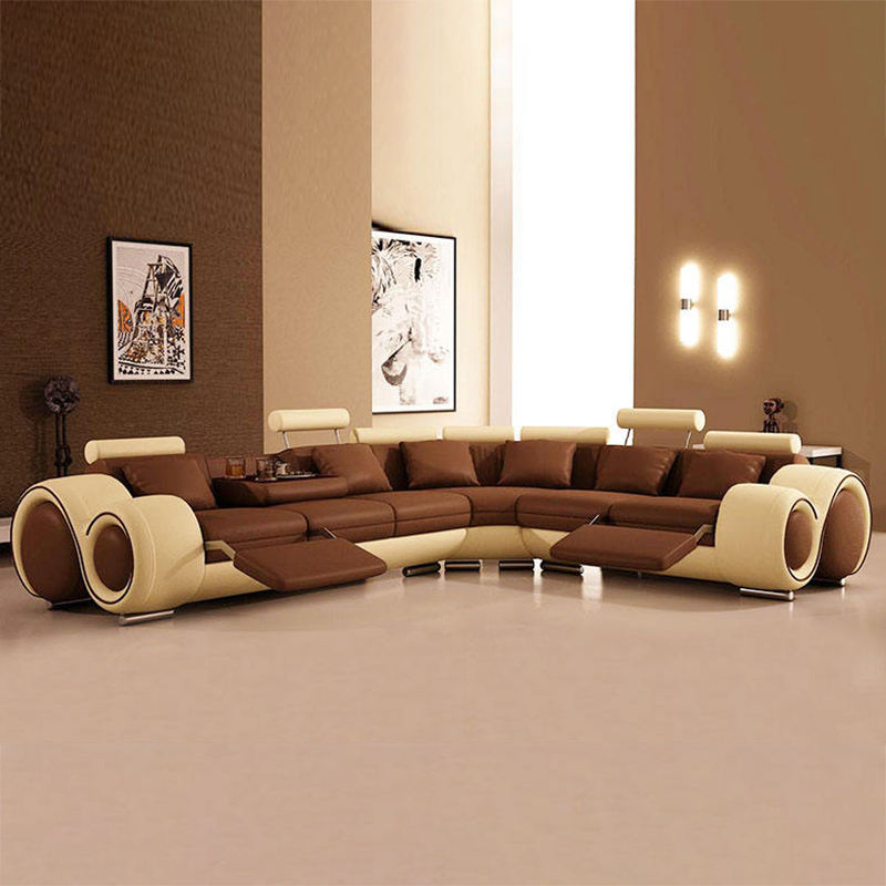 Modern European Style Luxury Living Room Sofa Set High Quality Genuine Leather L-Shaped Reclining Feature Sectional Furniture