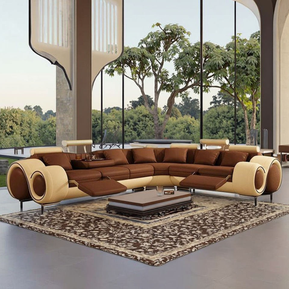 Modern European Style Luxury Living Room Sofa Set High Quality Genuine Leather L-Shaped Reclining Feature Sectional Furniture