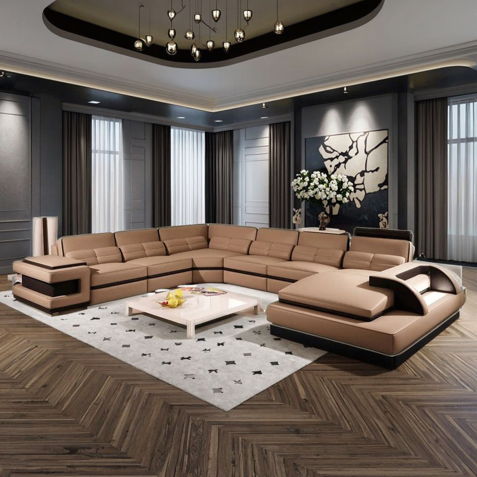 Latest Design Genuine Leather U-Shape Headrest Sofa Set for Home Living Room Comfortable Upholstery Sponge for Apartments