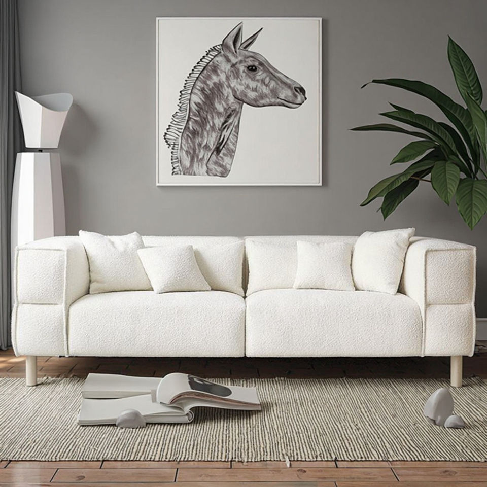 European Nordic White Teddy Boucle Tufted Genuine Leather Modern Modular Sectional Sofa Set Home Living Room Hotel