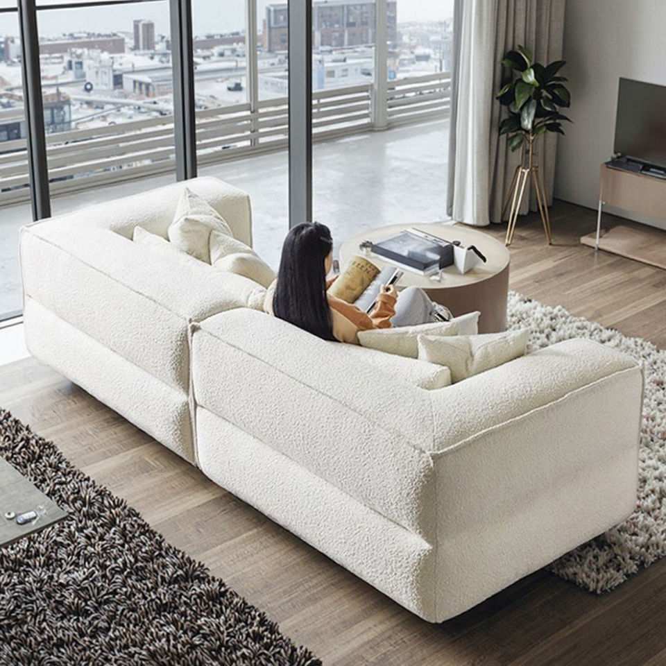 European Nordic White Teddy Boucle Tufted Genuine Leather Modern Modular Sectional Sofa Set Home Living Room Hotel
