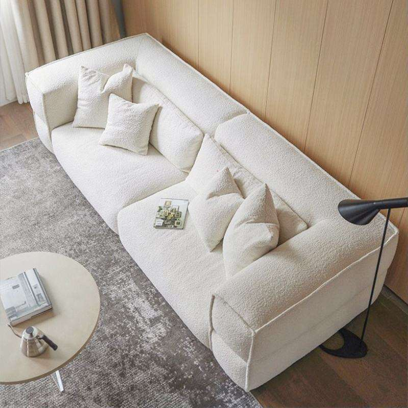 European Nordic White Teddy Boucle Tufted Genuine Leather Modern Modular Sectional Sofa Set Home Living Room Hotel