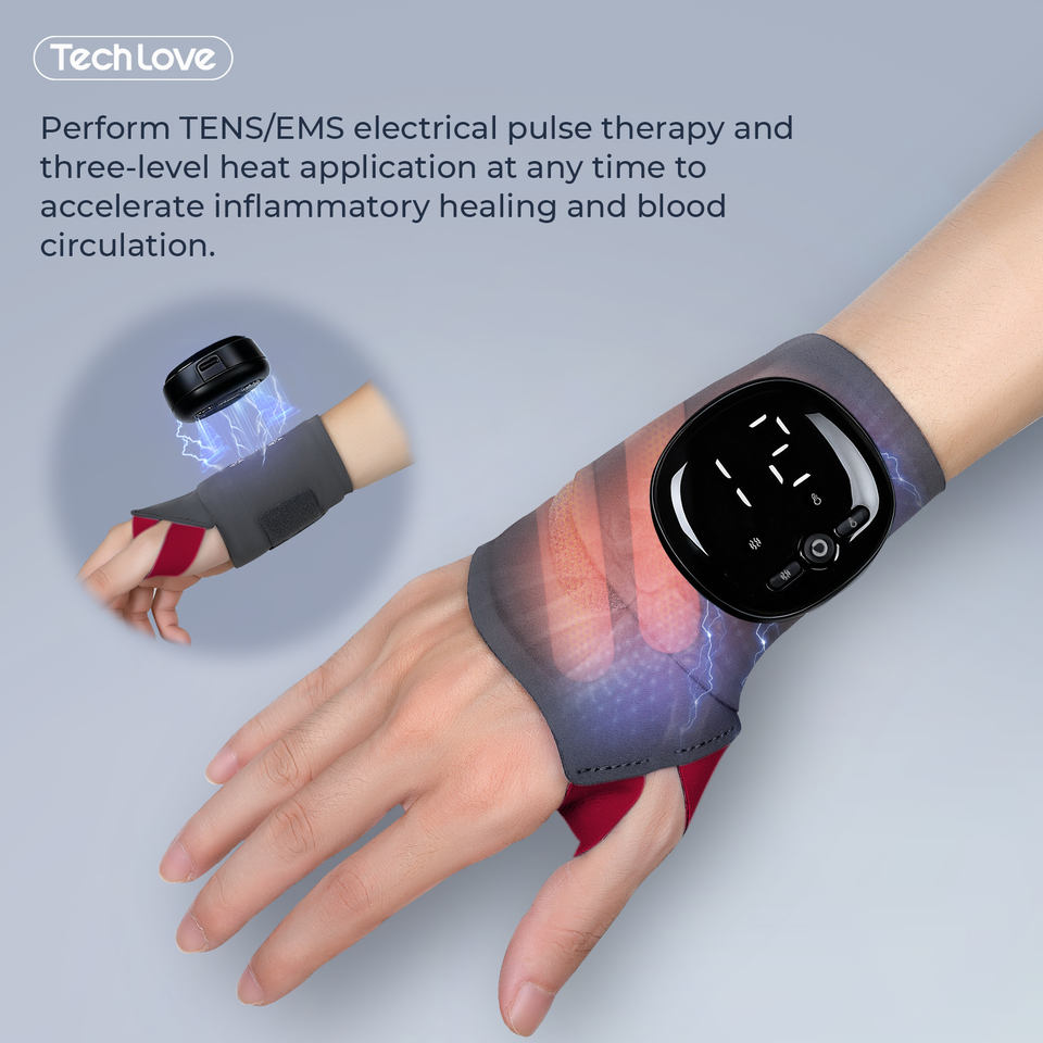 Tech Love Usb Rechargeable Electric Heating Vibration Wrist Wrap Massage Belt Hot Compress Hand Massager Wireless Remote Control