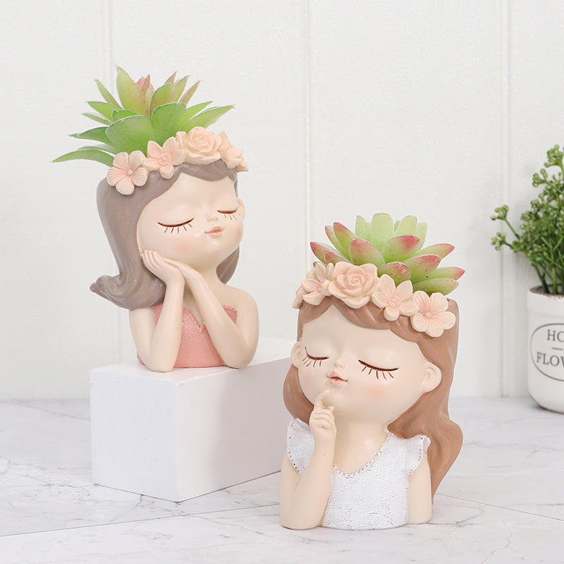 Home Decor Creative Girl Sculpture Flower Vase Gardening Landscape Plant Pot Cute Girl Flower Pot Accessories Resin Crafts Gift