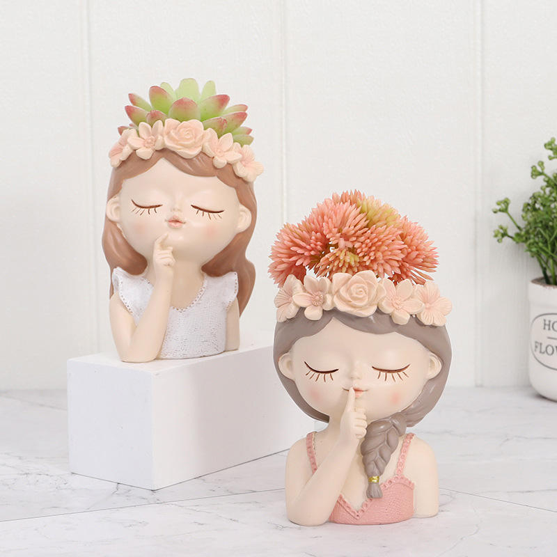 Home Decor Creative Girl Sculpture Flower Vase Gardening Landscape Plant Pot Cute Girl Flower Pot Accessories Resin Crafts Gift