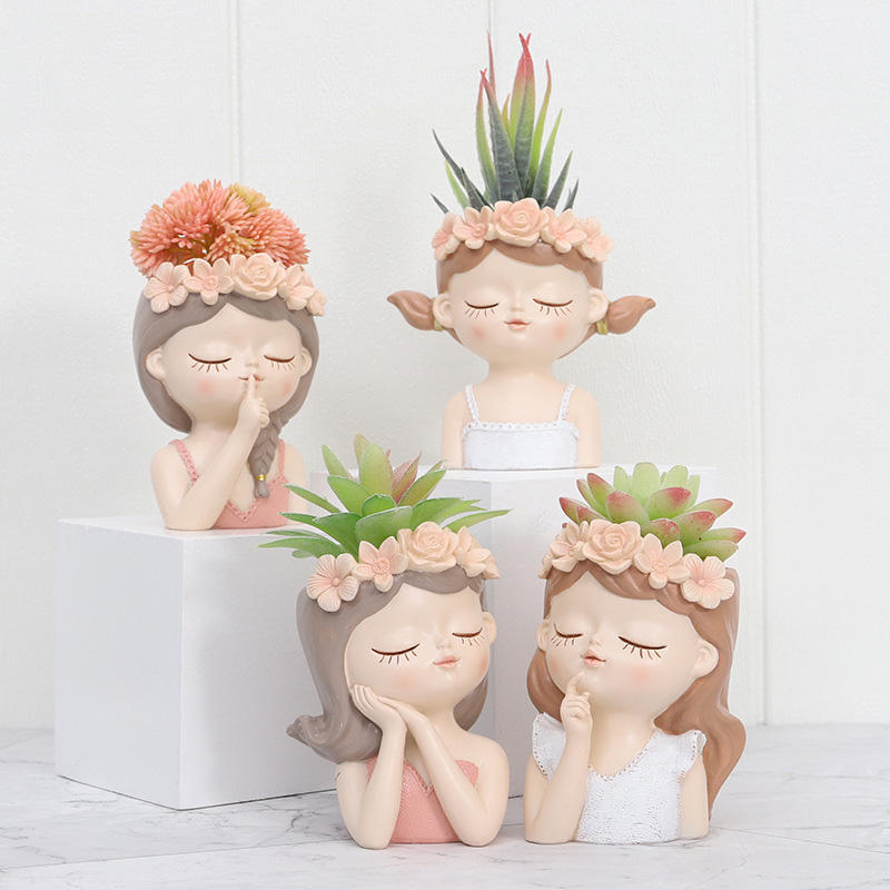 Home Decor Creative Girl Sculpture Flower Vase Gardening Landscape Plant Pot Cute Girl Flower Pot Accessories Resin Crafts Gift