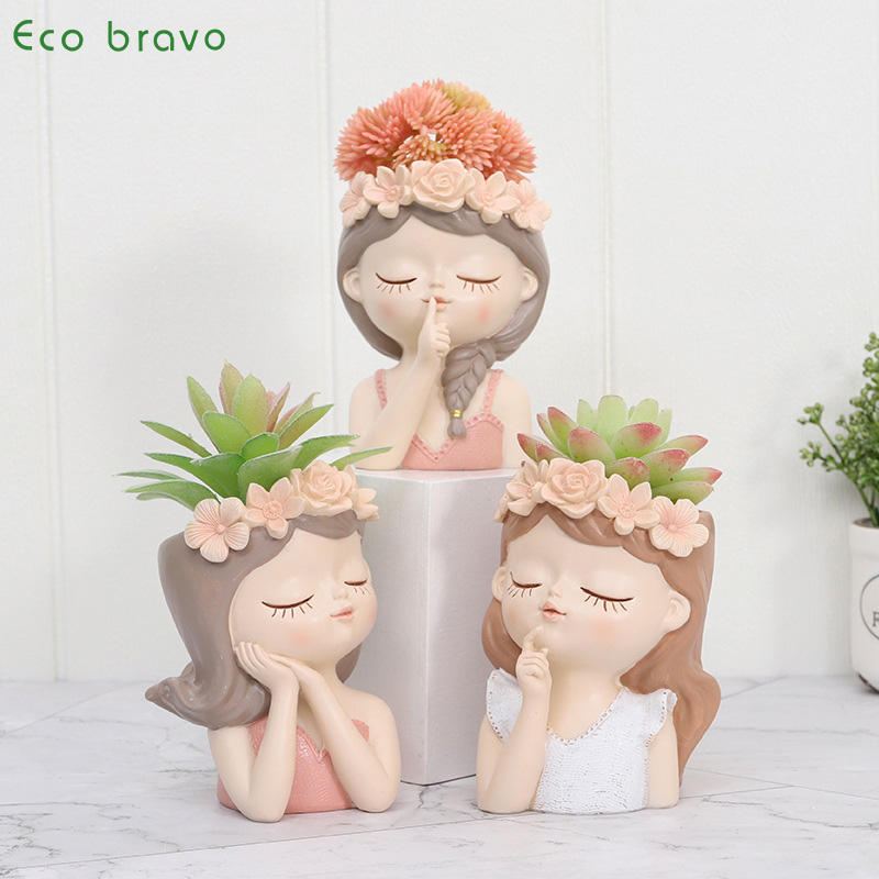 Home Decor Creative Girl Sculpture Flower Vase Gardening Landscape Plant Pot Cute Girl Flower Pot Accessories Resin Crafts Gift