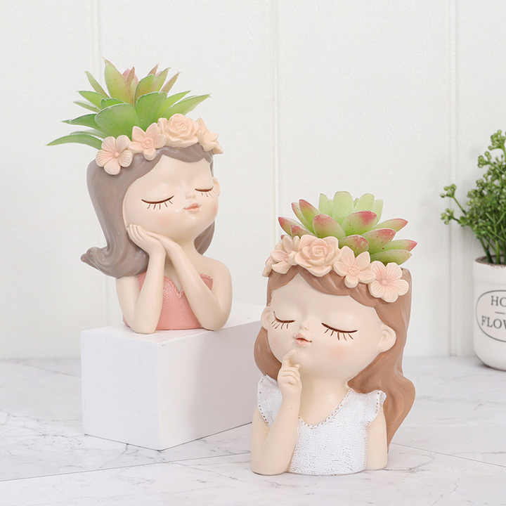 Home Decor Creative Girl Sculpture Flower Vase Gardening Landscape Plant Pot Cute Girl Flower Pot Accessories Resin Crafts Gift