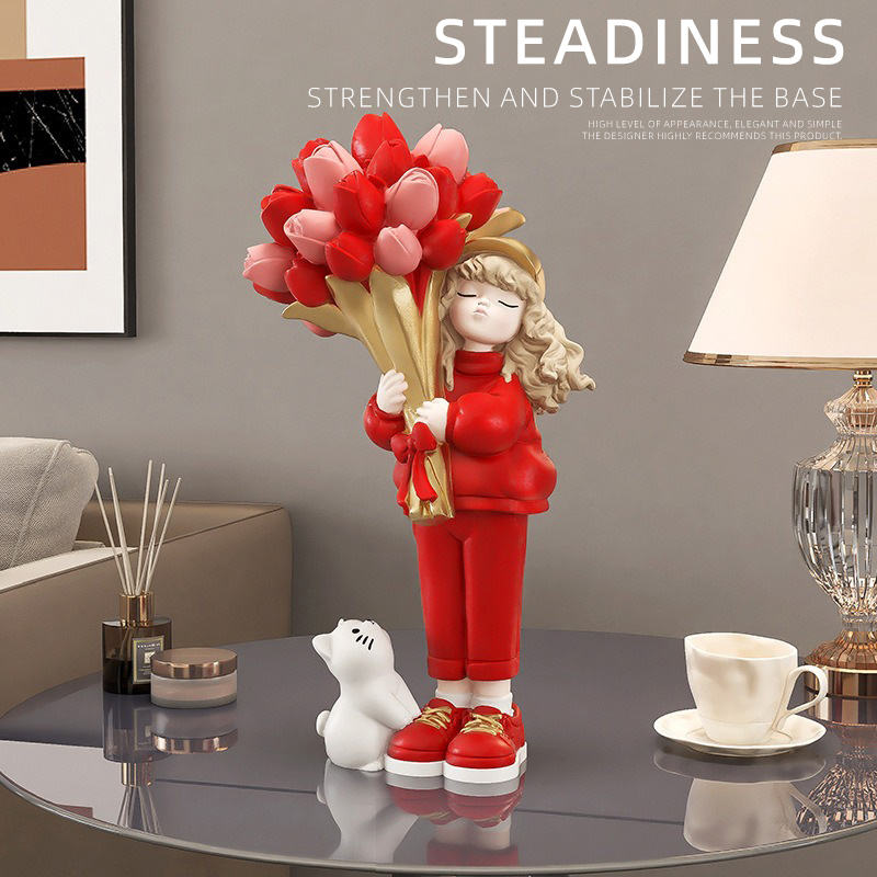 Pretty Girl Resin Crafts Sculpture Creative Minimalist Home Decor Popular Rose Girl Living Room Decoration Novelty Arts Gifts