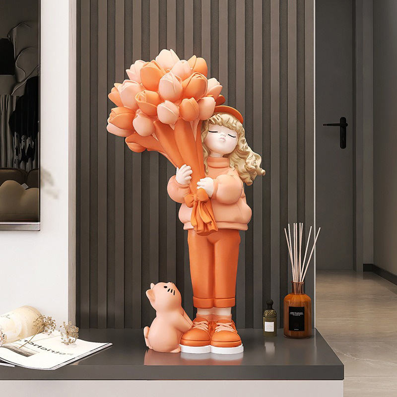 Pretty Girl Resin Crafts Sculpture Creative Minimalist Home Decor Popular Rose Girl Living Room Decoration Novelty Arts Gifts