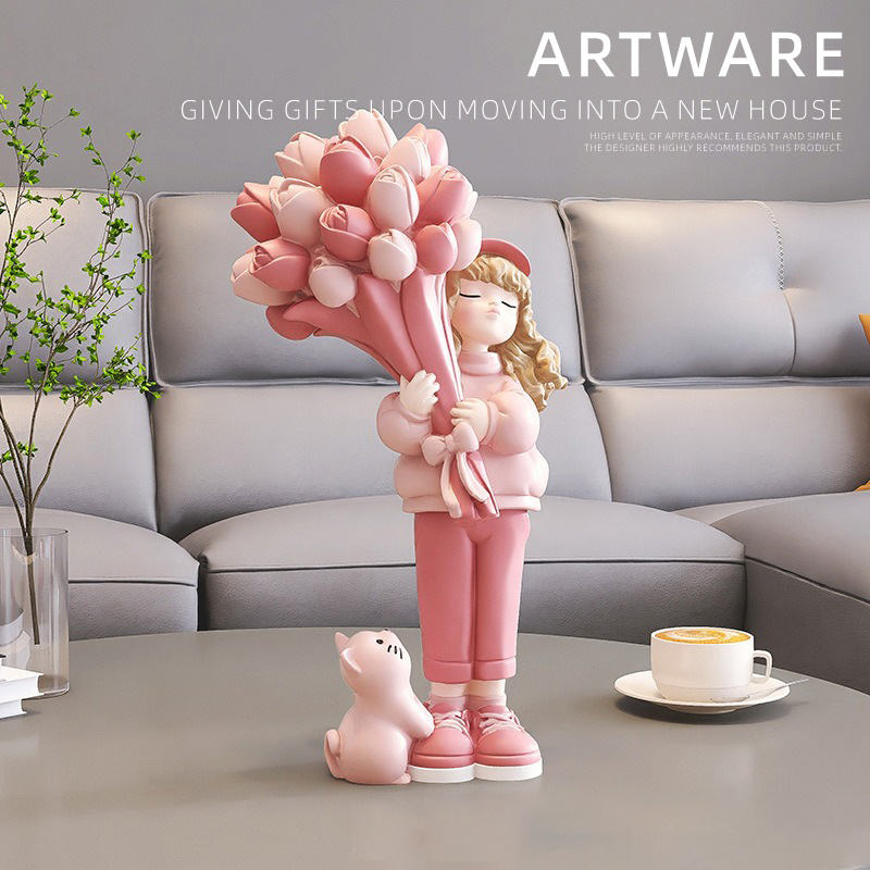 Pretty Girl Resin Crafts Sculpture Creative Minimalist Home Decor Popular Rose Girl Living Room Decoration Novelty Arts Gifts