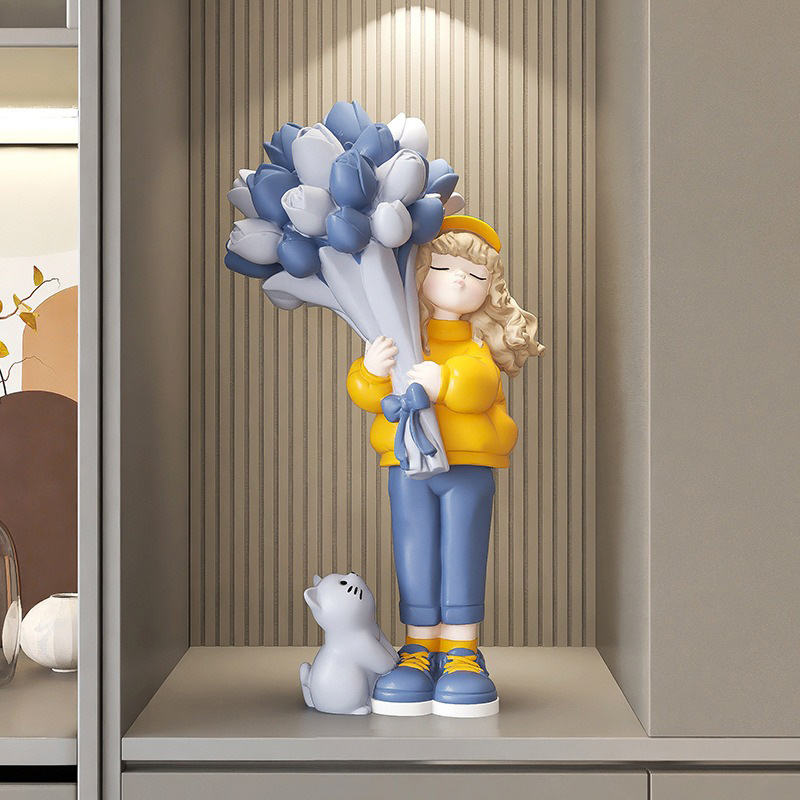 Pretty Girl Resin Crafts Sculpture Creative Minimalist Home Decor Popular Rose Girl Living Room Decoration Novelty Arts Gifts