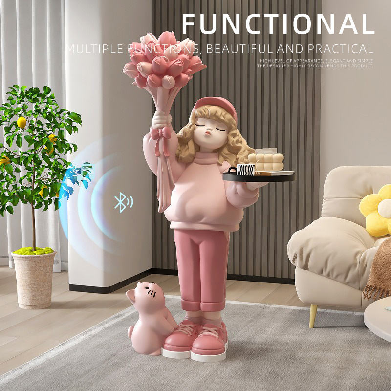 Creative LED Rose Flower Girl Sculpture Resin Crafts Home Decor Arts & Crafts Movable Design for Living Room Furniture Gifts