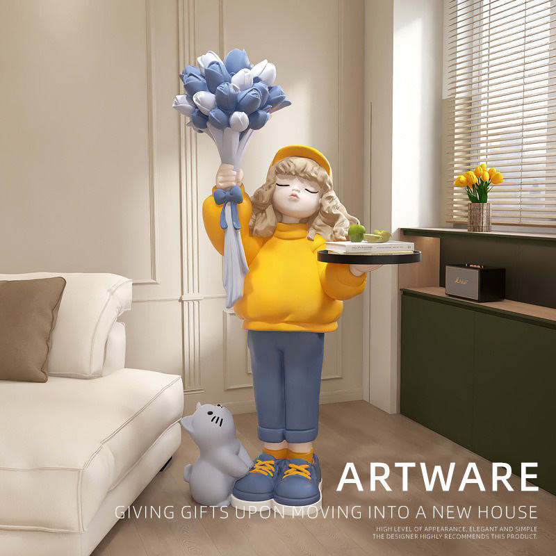 Creative LED Rose Flower Girl Sculpture Resin Crafts Home Decor Arts & Crafts Movable Design for Living Room Furniture Gifts