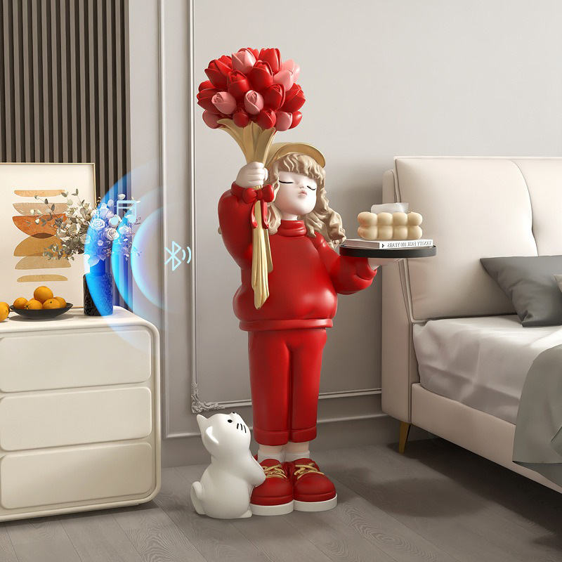 Creative LED Rose Flower Girl Sculpture Resin Crafts Home Decor Arts & Crafts Movable Design for Living Room Furniture Gifts