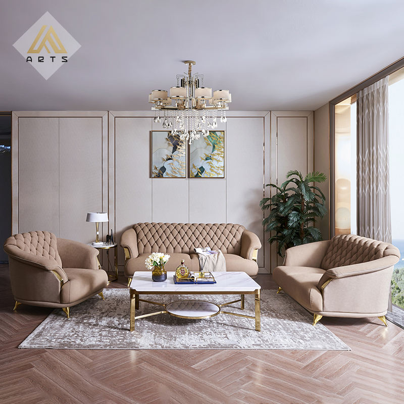 Chesterfield Sofa Set Furniture Living Room Modern Luxury Golden Stainless Steel Legs 3+2+1 Seat Home Upholstery Sofa Set