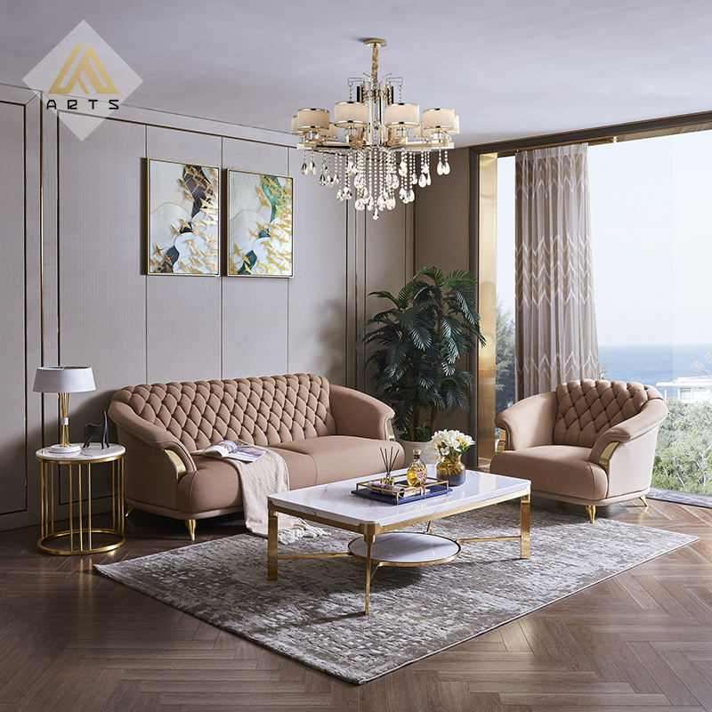 Chesterfield Sofa Set Furniture Living Room Modern Luxury Golden Stainless Steel Legs 3+2+1 Seat Home Upholstery Sofa Set