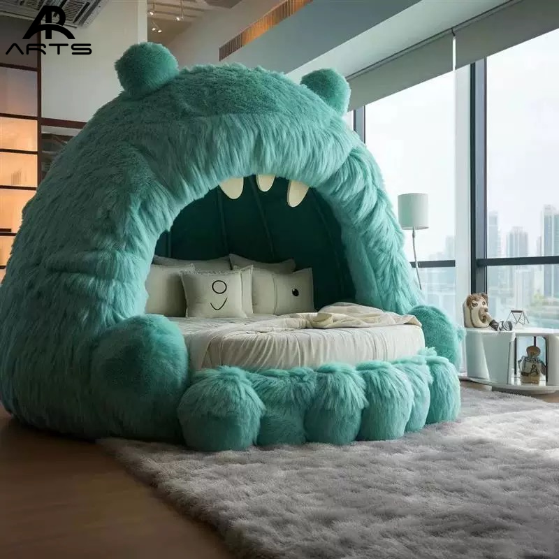 China Manufactory Monster Beds No.2 Soft Snow Raccoon Fur Fabric Factory Designed Upholstered Bedroom Furniture King Bed Set