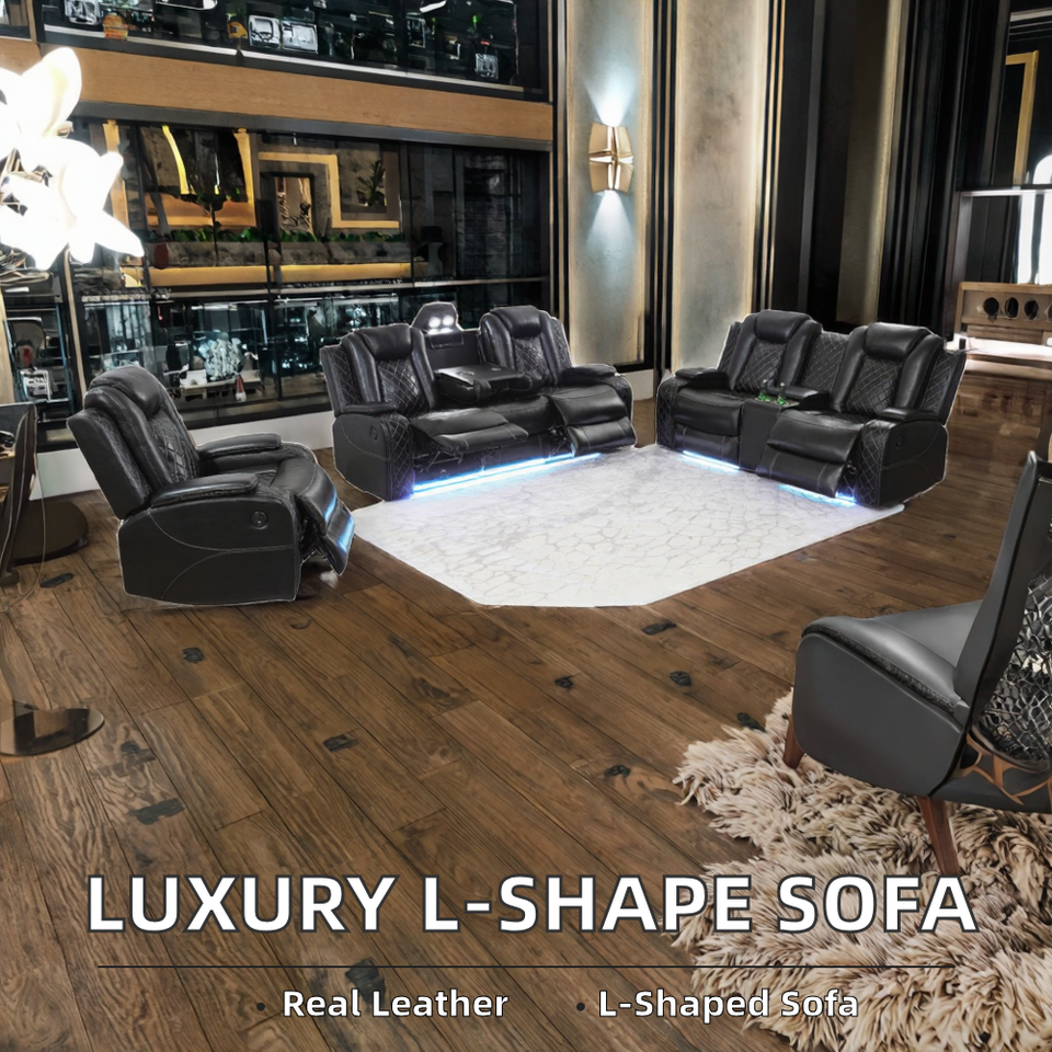 Modern Genuine Leather L Shape Extendable Convertible Sectional Sofa Set with Storage for Luxury Living Room