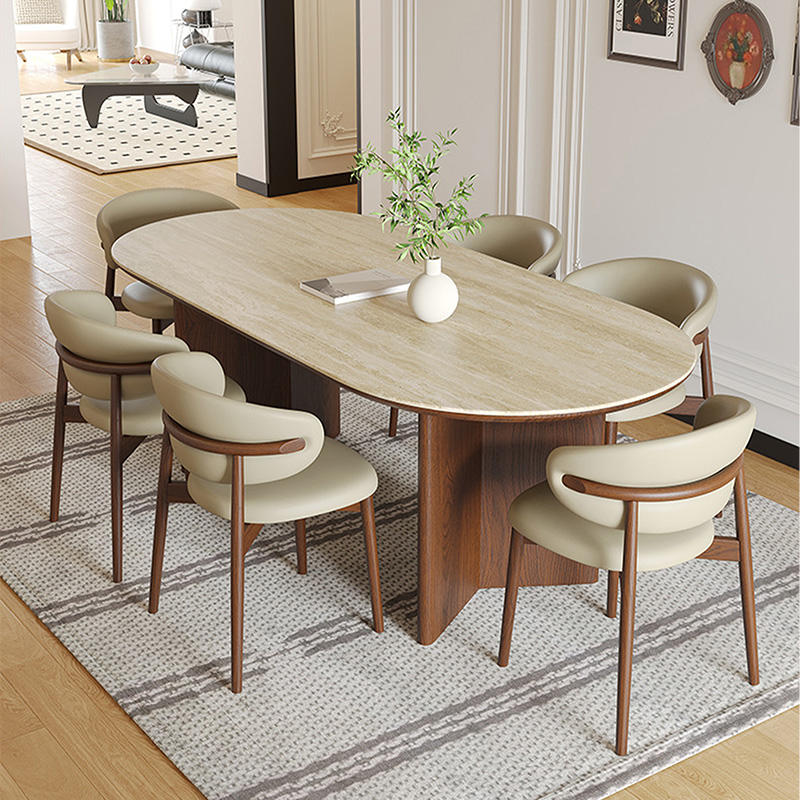 Modern 2.4M Long Oval Dining Table and Chair Set with Wood Frame and Slate Top for Home Dining Room Furniture