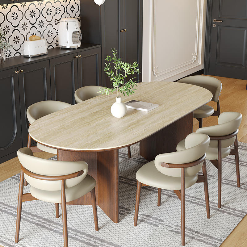 Modern 2.4M Long Oval Dining Table and Chair Set with Wood Frame and Slate Top for Home Dining Room Furniture