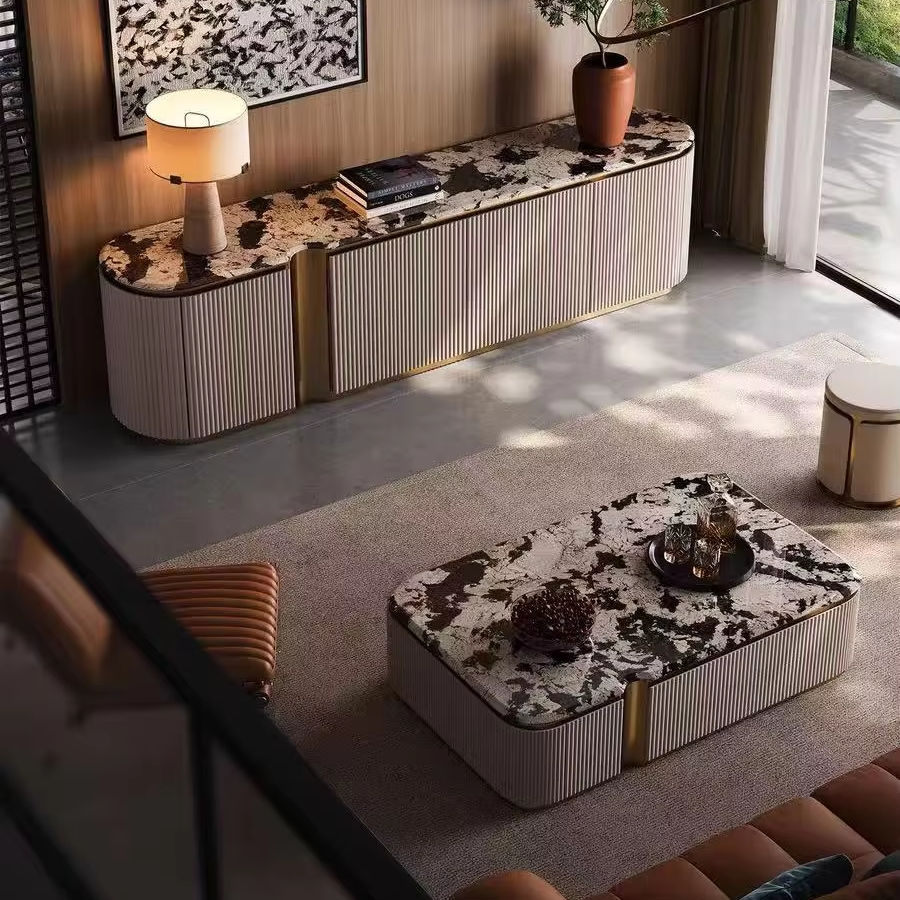 Modern Luxury Marble Top Stainless Steel Frame Gold Tv Stand and Coffee Table Set With Storage Cabinet for Living Room Furniture