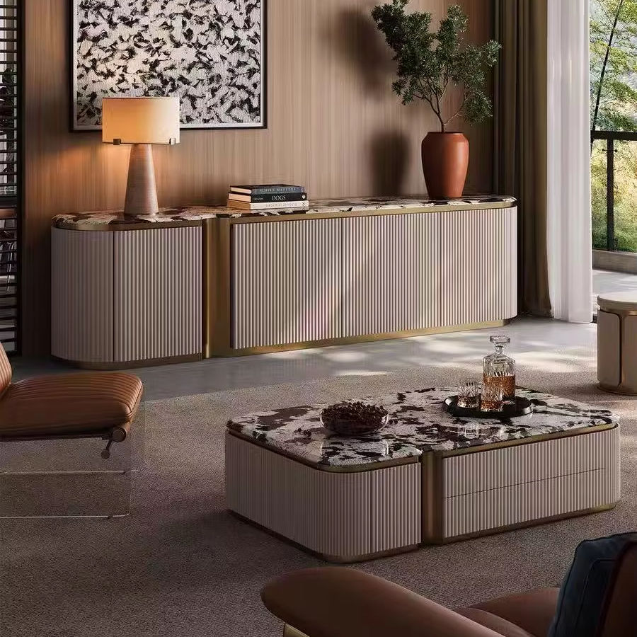 Modern Luxury Marble Top Stainless Steel Frame Gold Tv Stand and Coffee Table Set With Storage Cabinet for Living Room Furniture