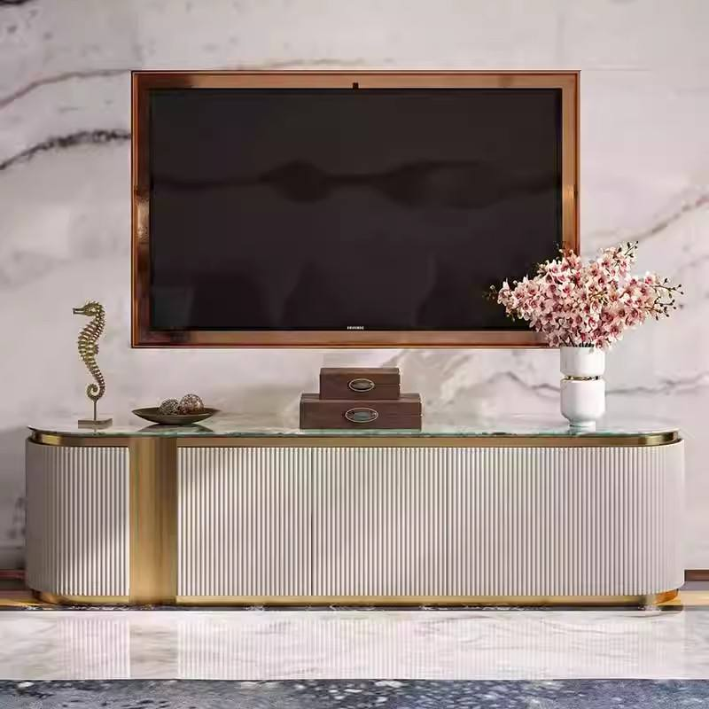 Modern Luxury Marble Top Stainless Steel Frame Gold Tv Stand and Coffee Table Set With Storage Cabinet for Living Room Furniture