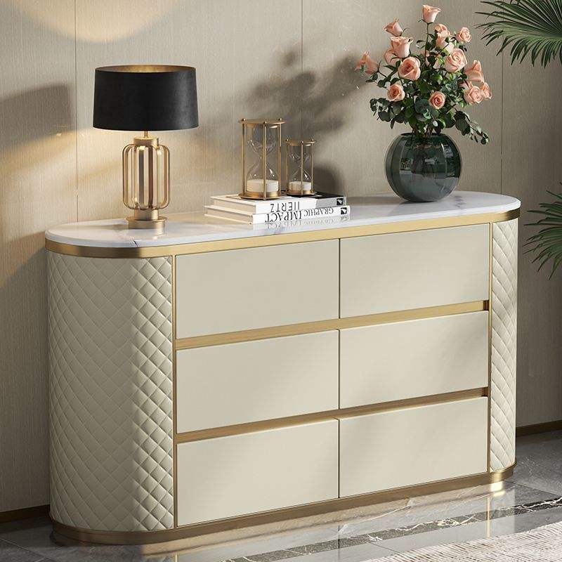 Luxury Dining Room Entrance Marble Top Wooden Sideboard Buffet with Drawer Storage Gold Console White Leather Kitchen Cabinet