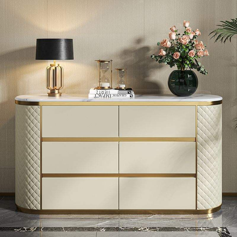 Luxury Dining Room Entrance Marble Top Wooden Sideboard Buffet with Drawer Storage Gold Console White Leather Kitchen Cabinet