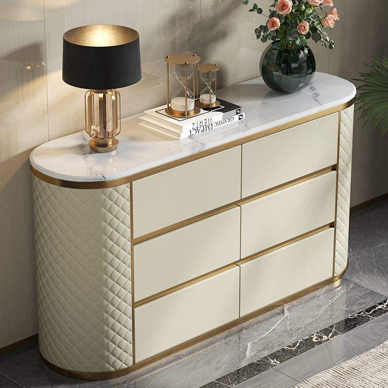 Luxury Dining Room Entrance Marble Top Wooden Sideboard Buffet with Drawer Storage Gold Console White Leather Kitchen Cabinet
