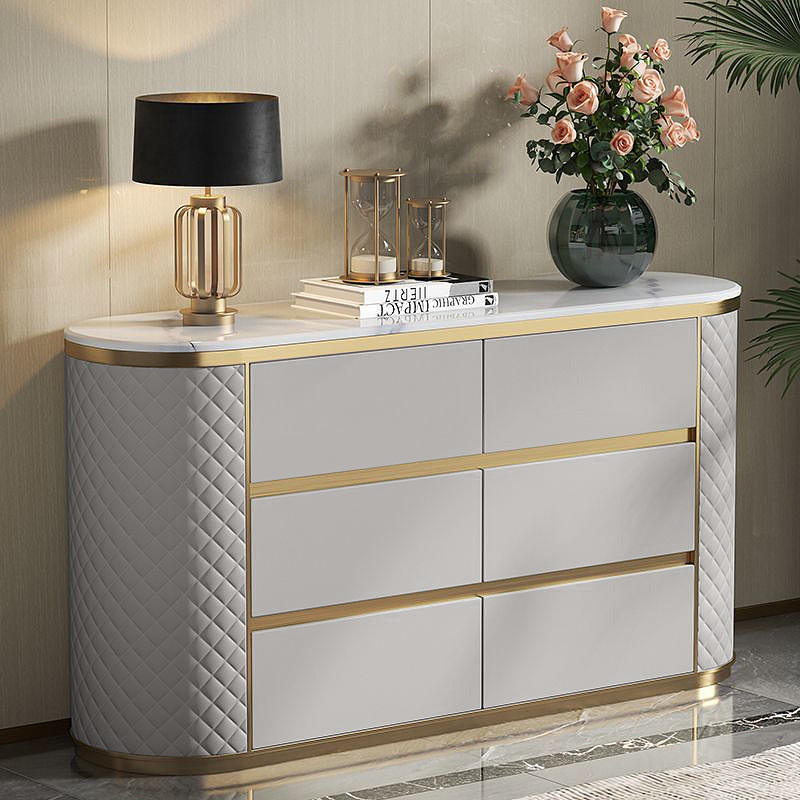 Luxury Dining Room Entrance Marble Top Wooden Sideboard Buffet with Drawer Storage Gold Console White Leather Kitchen Cabinet