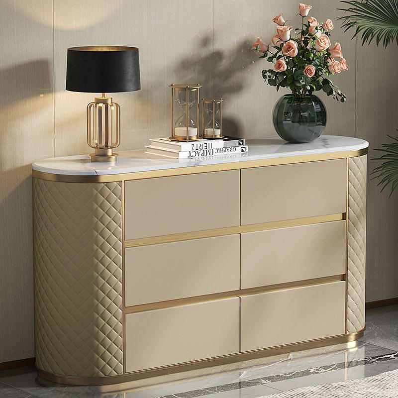 Luxury Dining Room Entrance Marble Top Wooden Sideboard Buffet with Drawer Storage Gold Console White Leather Kitchen Cabinet
