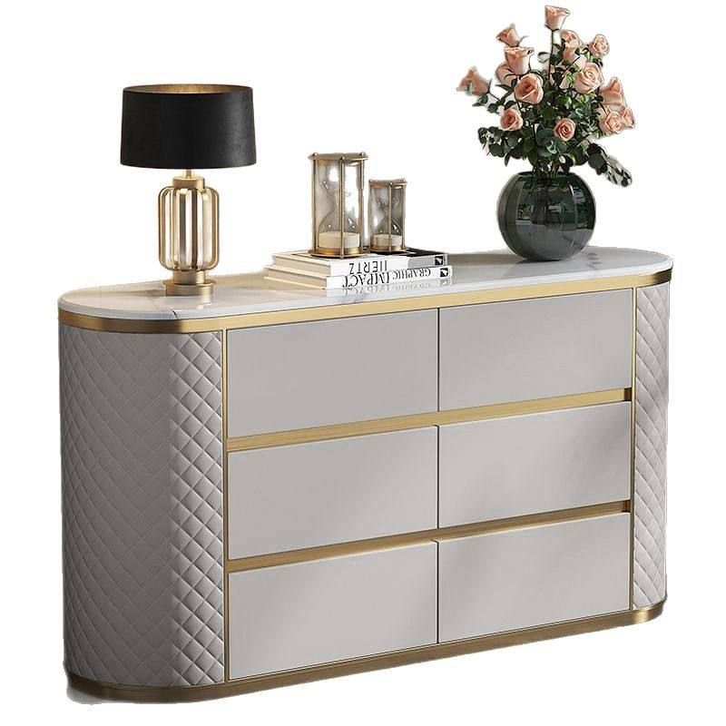 Luxury Dining Room Entrance Marble Top Wooden Sideboard Buffet with Drawer Storage Gold Console White Leather Kitchen Cabinet