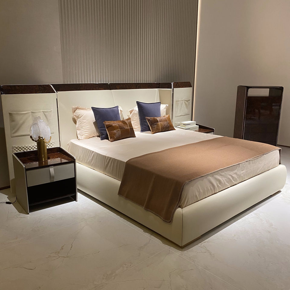Bedroom with Luxurious and Modern Style. the Bed Is a Large Wooden Board Bed, Custom-made in a High-end Nordic Style.