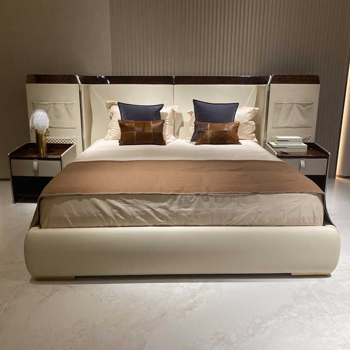 Bedroom with Luxurious and Modern Style. the Bed Is a Large Wooden Board Bed, Custom-made in a High-end Nordic Style.