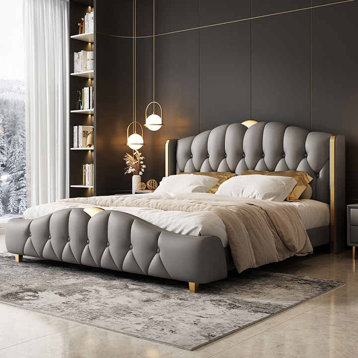 Luxury Bedroom Set Soft Button Bed Side Table Fabric Metal Carton Upholstered Leather for Bedroom Furniture Queen King Size