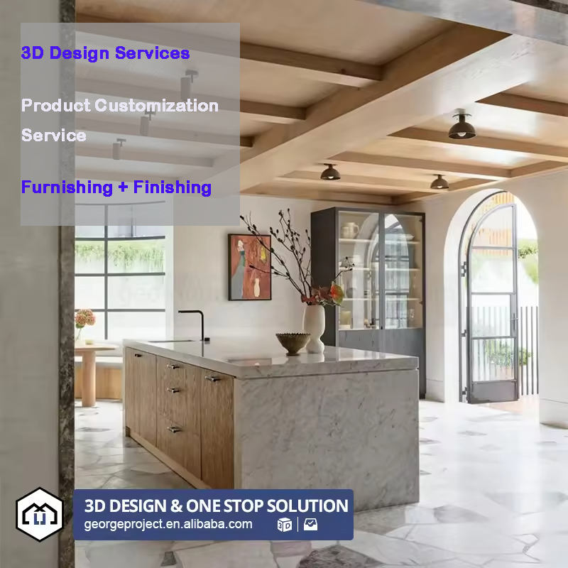 Mauritius Villa Project Classic Wooden and Glass Kitchen with Peninsula Practical and Functional Kitchen Cabinets