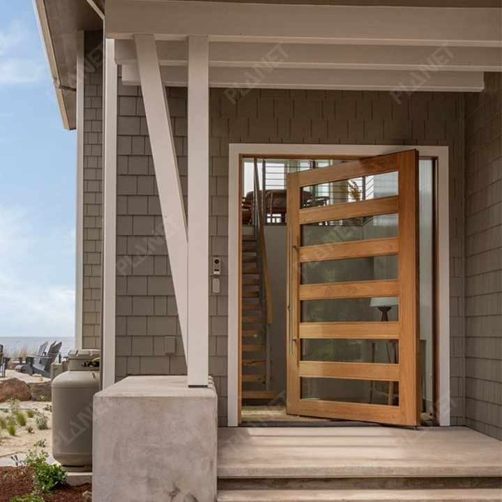 Modern Style Solid Teak Wooden Patio Pivot Doors with Tempered Glass Fire Prevention for Bedrooms Bathrooms Finished Surface