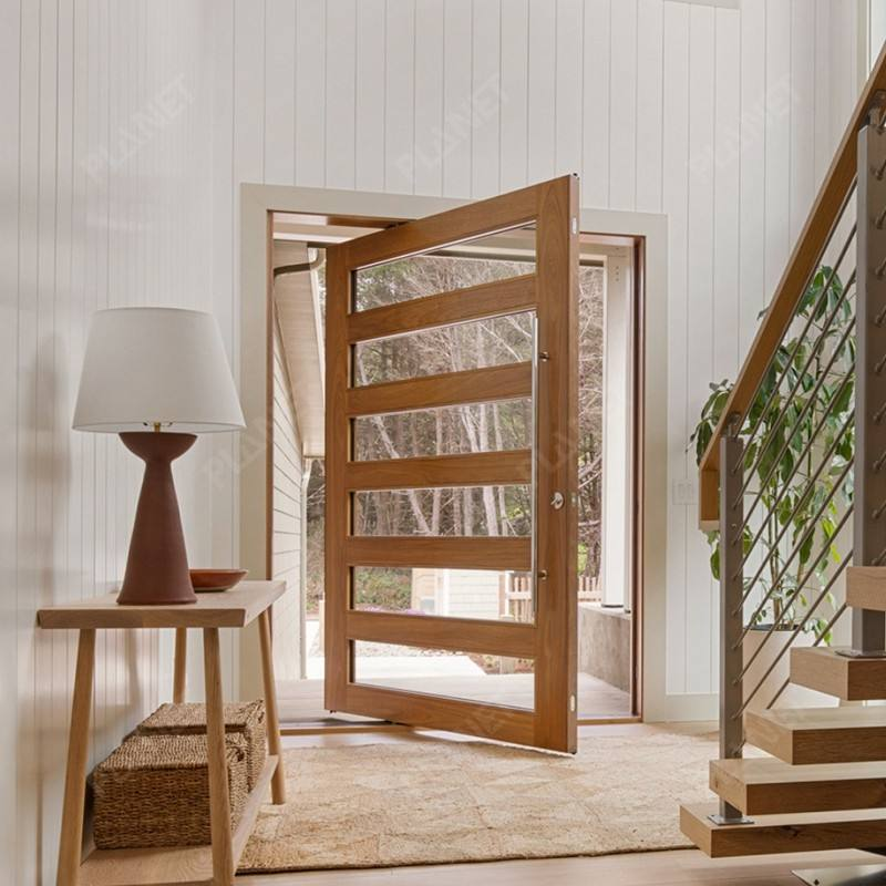 Modern Style Solid Teak Wooden Patio Pivot Doors with Tempered Glass Fire Prevention for Bedrooms Bathrooms Finished Surface