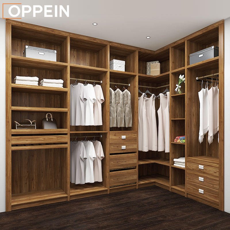 OPPEIN Modern Design Cheap Price Bedroom Household Wooden Wood Grain Walk-in Closet Wardrobe With Lock and Key