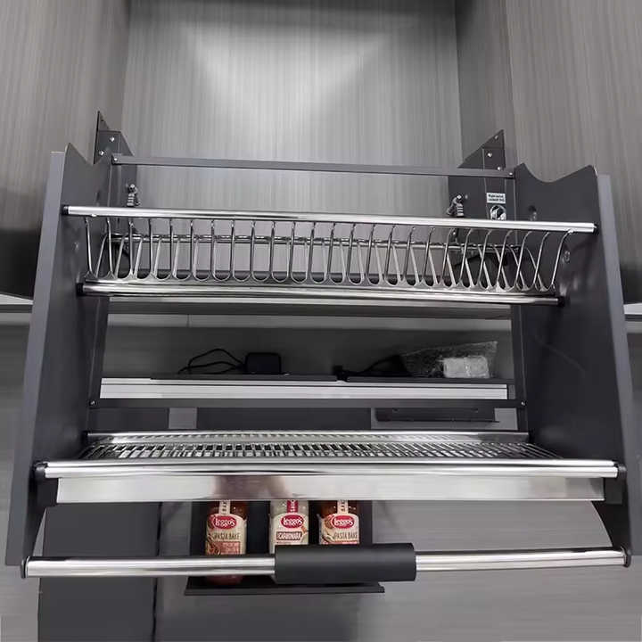 Factory Custom Modern Flat Chrome Hotel Use Kitchen Dish Rack Cabinet Storage Lift Basket with Pull Down Hardware