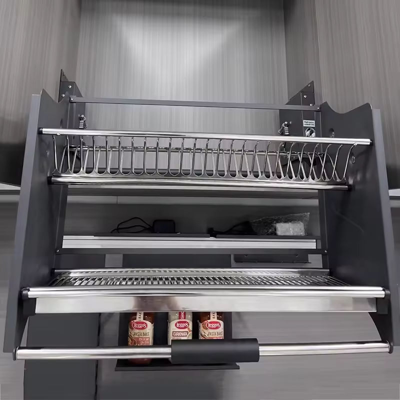 Factory Custom Modern Flat Chrome Hotel Use Kitchen Dish Rack Cabinet Storage Lift Basket with Pull Down Hardware