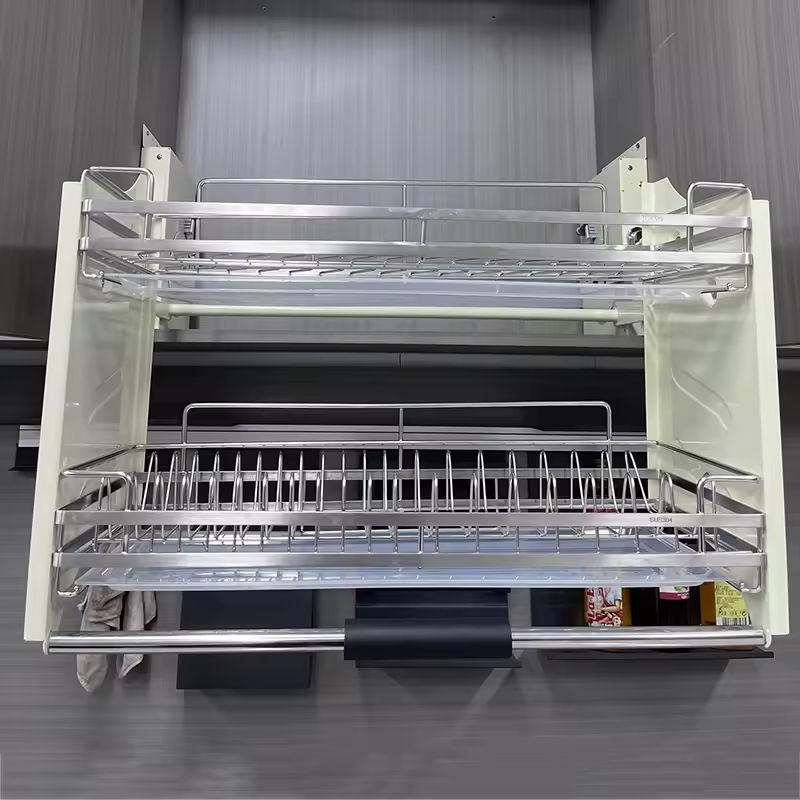 Factory Custom Modern Flat Chrome Hotel Use Kitchen Dish Rack Cabinet Storage Lift Basket with Pull Down Hardware