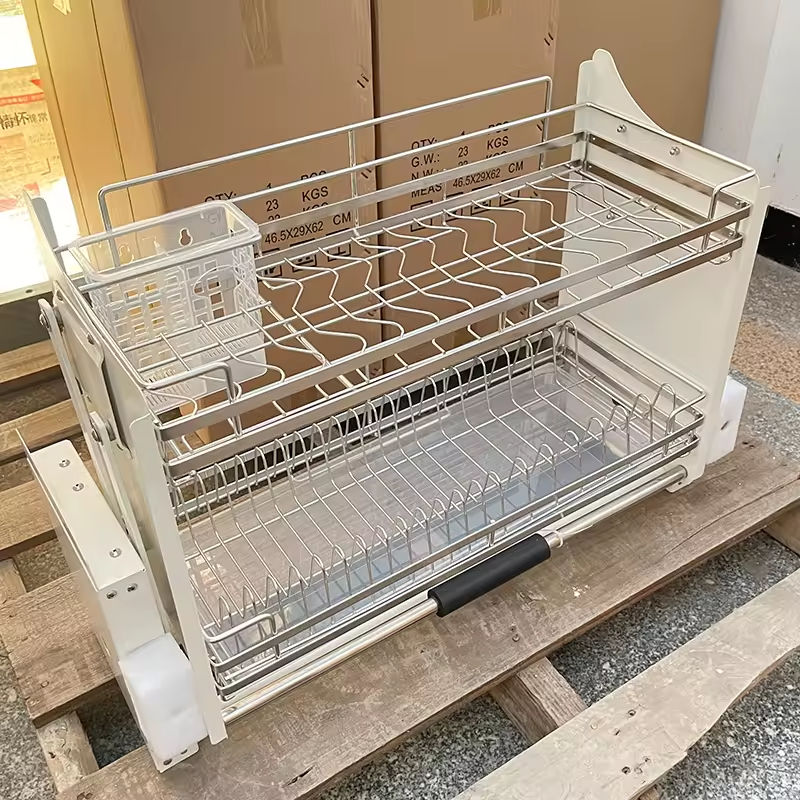 Factory Custom Modern Flat Chrome Hotel Use Kitchen Dish Rack Cabinet Storage Lift Basket with Pull Down Hardware
