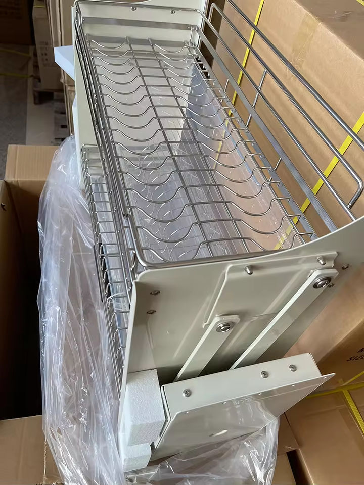 Factory Custom Modern Flat Chrome Hotel Use Kitchen Dish Rack Cabinet Storage Lift Basket with Pull Down Hardware