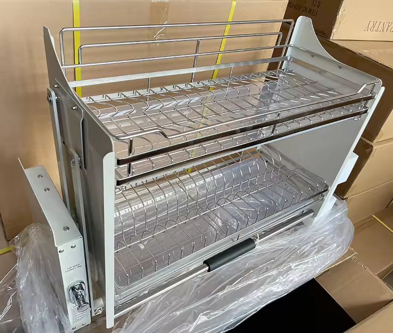 Factory Custom Modern Flat Chrome Hotel Use Kitchen Dish Rack Cabinet Storage Lift Basket with Pull Down Hardware